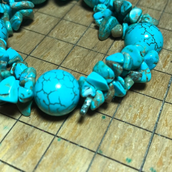 Turquoise Stone Nugget Chip, Pretty Dark Vein Ball Bead 7”L Bracelet EVC 70s 80s - Picture 11 of 11